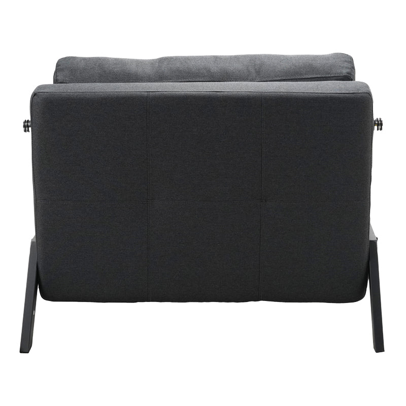 Модерна мултифункционална лоунџ фотелја-кревет Armchair-bed Xenoin тапацирана во квалитетна антрацит текстурална ткаенина со цврсти црни метални ногарки во расклопена и склопена позиција