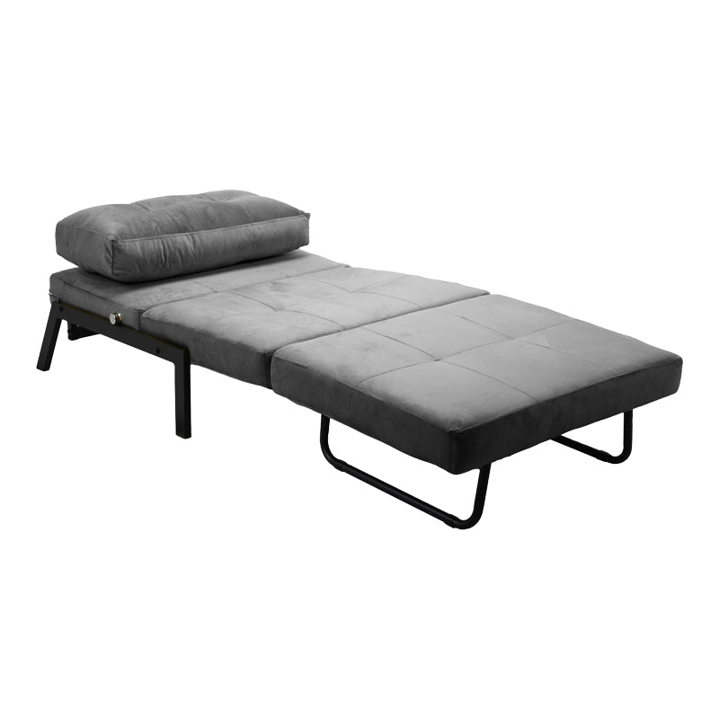 Модерна мултифункционална лоунџ фотелја-кревет Armchair-bed Xenoim тапацирана во софистицирано антрацит кадифе со цврсти црни метални ногарки во расклопена и склопена позиција