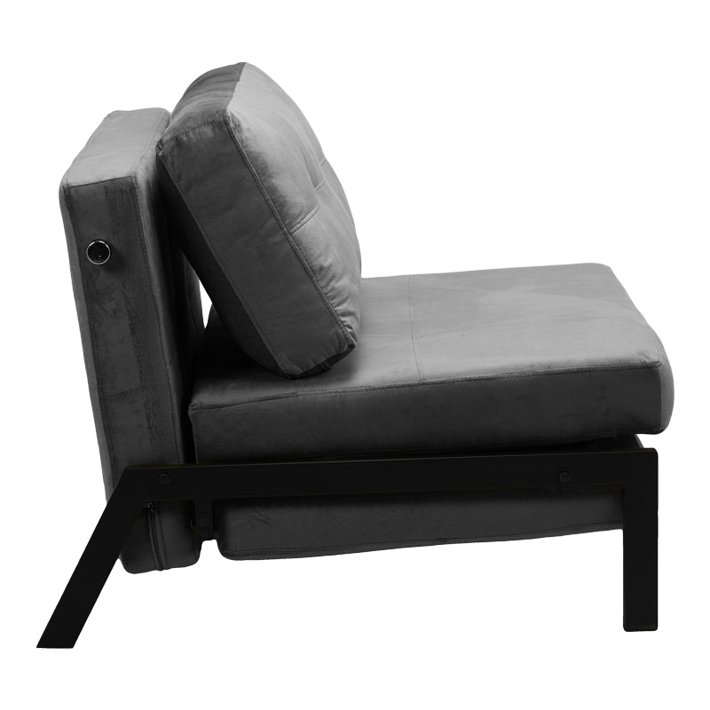 Модерна мултифункционална лоунџ фотелја-кревет Armchair-bed Xenoim тапацирана во софистицирано антрацит кадифе со цврсти црни метални ногарки во расклопена и склопена позиција