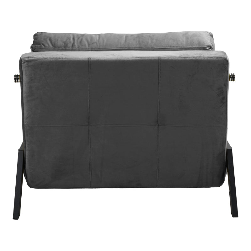 Модерна мултифункционална лоунџ фотелја-кревет Armchair-bed Xenoim тапацирана во софистицирано антрацит кадифе со цврсти црни метални ногарки во расклопена и склопена позиција