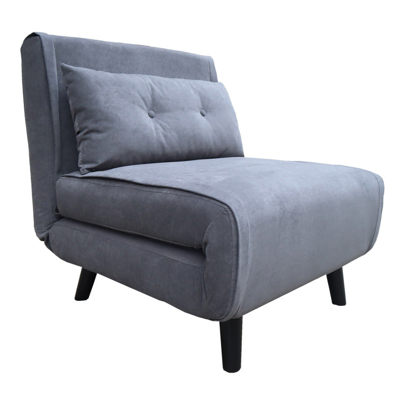 Модерна мултифункционална фотелја на расклопување Armchair-Bed Wreas обложена со луксузно антрацит кадифе, поддржана со цврсти дрвени ногарки во црна нијанса