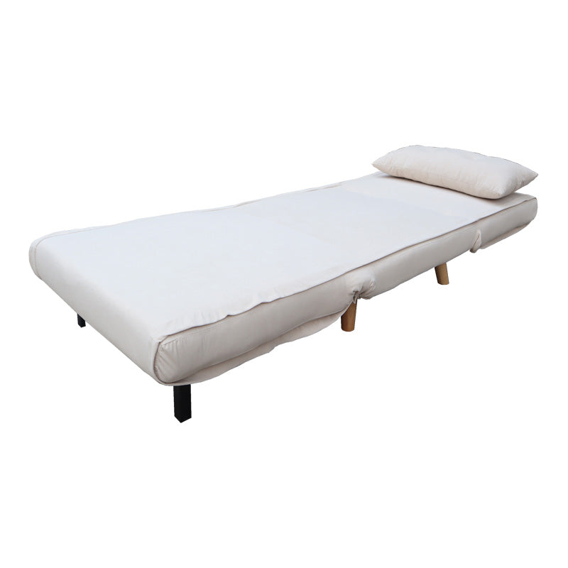 Модерна мултифункционална фотелја на расклопување Armchair-Bed Wreax обложена со луксузно крем кадифе, поддржана со цврсти дрвени ногарки во природна натур нијанса