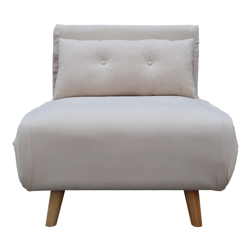 Модерна мултифункционална фотелја на расклопување Armchair-Bed Wreax обложена со луксузно крем кадифе, поддржана со цврсти дрвени ногарки во природна натур нијанса