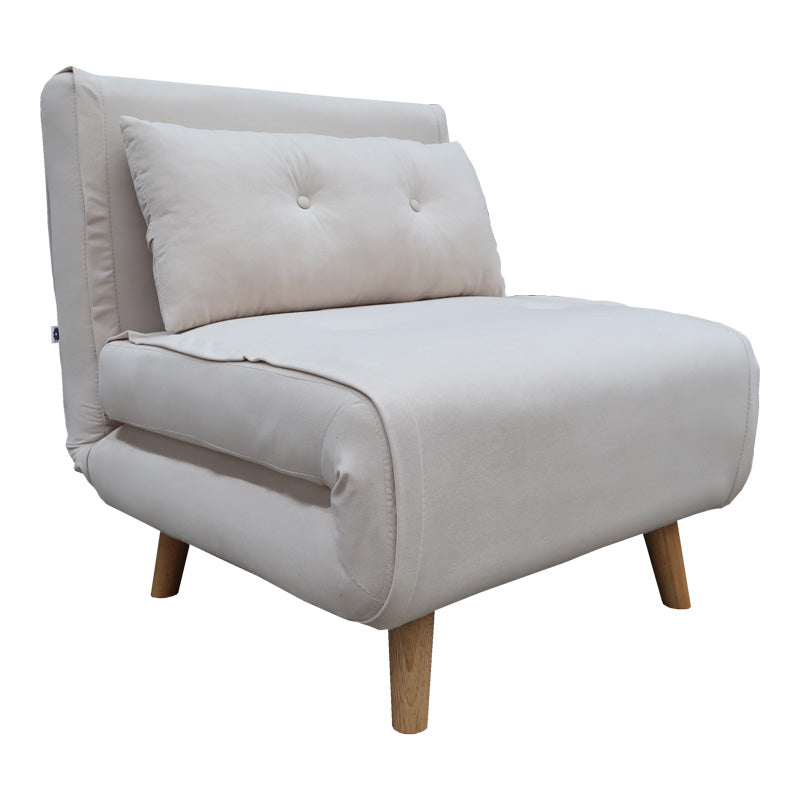 Модерна мултифункционална фотелја на расклопување Armchair-Bed Wreax обложена со луксузно крем кадифе, поддржана со цврсти дрвени ногарки во природна натур нијанса