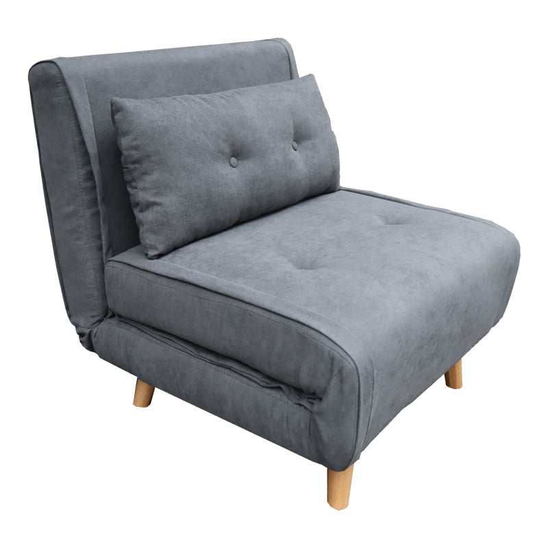 Модерна лоунџ фотелја на расклопување Armchair-bed Veden тапацирана со густо ткаена зајакната антрацит текстилна ткаенина, во позиција на фотелја и расклопена како паметен кревет