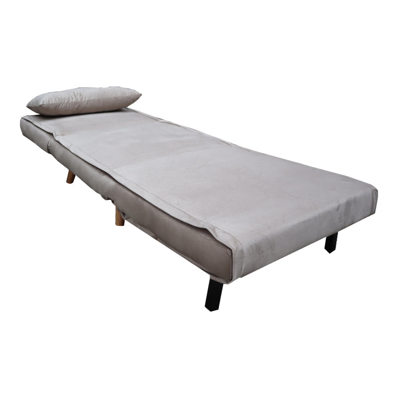 Модерна лоунџ фотелја на расклопување Armchair-bed Vedda тапацирана со мека, долговечна сиво-беж кадифена ткаенина, во позиција на фотелја и целосно расклопена како паметен кревет
