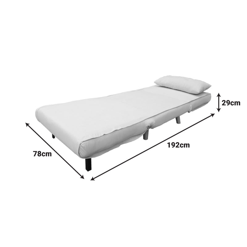 Модерна лоунџ фотелја на расклопување Armchair-bed Vedda тапацирана со мека, долговечна сиво-беж кадифена ткаенина, во позиција на фотелја и целосно расклопена како паметен кревет