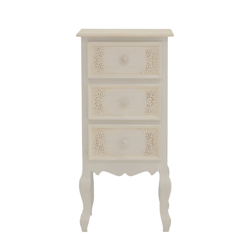 Префинета и издолжена античко бела ноќна масичка Bedside table Hally изработена од MDF, со паметна функционална фиока и долна решеткаста полица