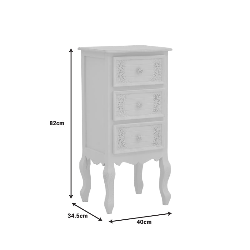 Префинета и издолжена античко бела ноќна масичка Bedside table Hally изработена од MDF, со паметна функционална фиока и долна решеткаста полица