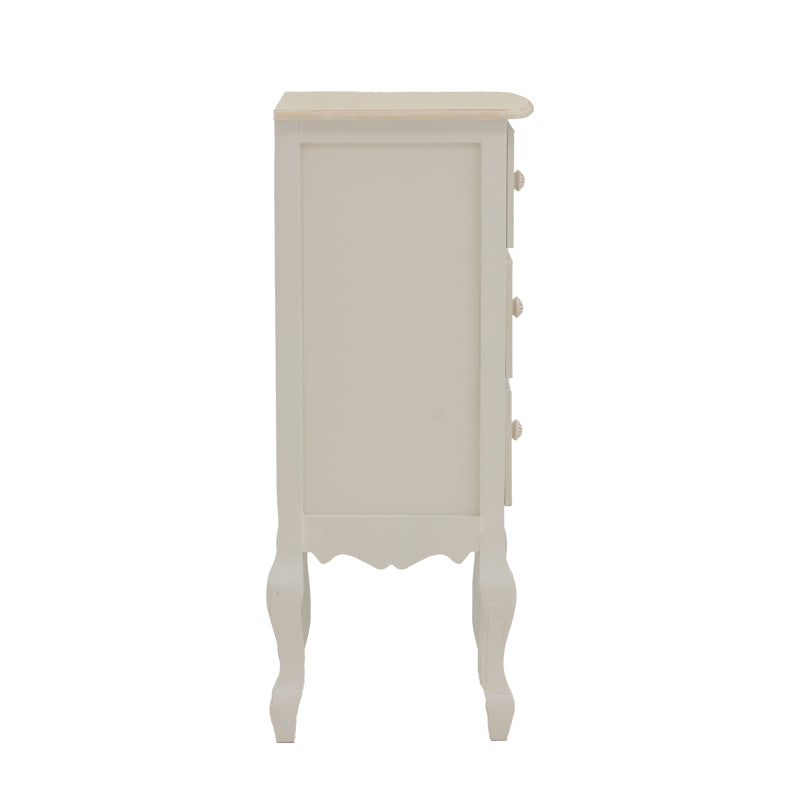 Префинета и издолжена ноќна масичка Bedside table Halin со горна плоча во природна нијанса на дрво, античко бела рамка, практична фиока и долна решеткаста полица