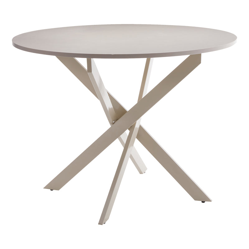 Модерна кружна трпезариска маса Table Xenoly со мазна површина од крем MDF материјал и геометриски усогласена крем метална лоунџ конструкција