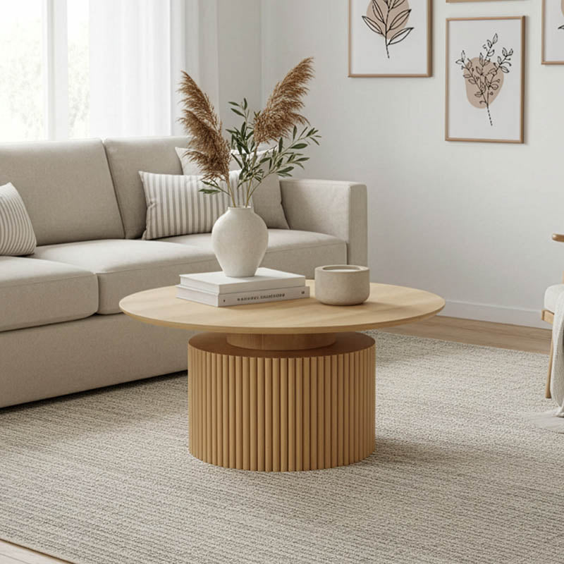 Модерна тркалезна клуб масичка за дневна соба Coffee table Wrein со горна плоча од зајакнат медијапан со префинета текстура во природна натур боја