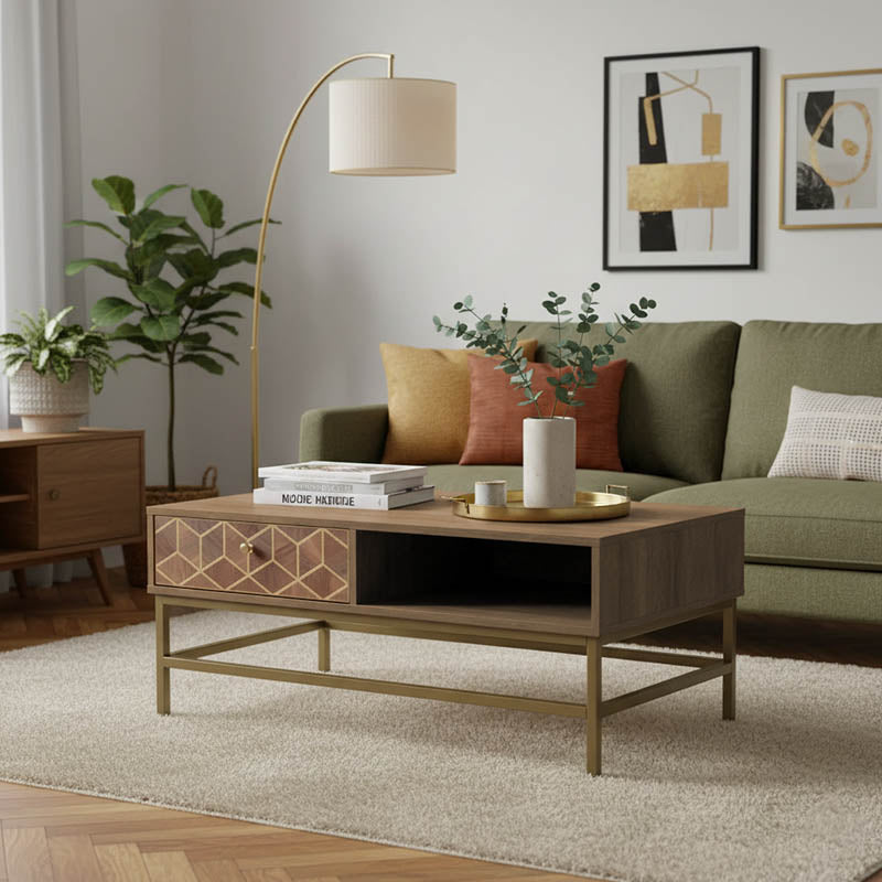 Модерна правоаголна клуб масичка Yaraor за дневна соба со луксузна кафена дрвена површина и софистицирани детали со златен сјај