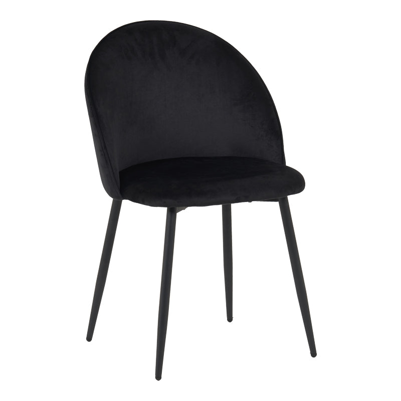 Модерна елегантна трпезариска столица Chair Walnut тапацирана со меко мат црно кадифе, со витки и засилени црни метални ногарки во минималистички стил
