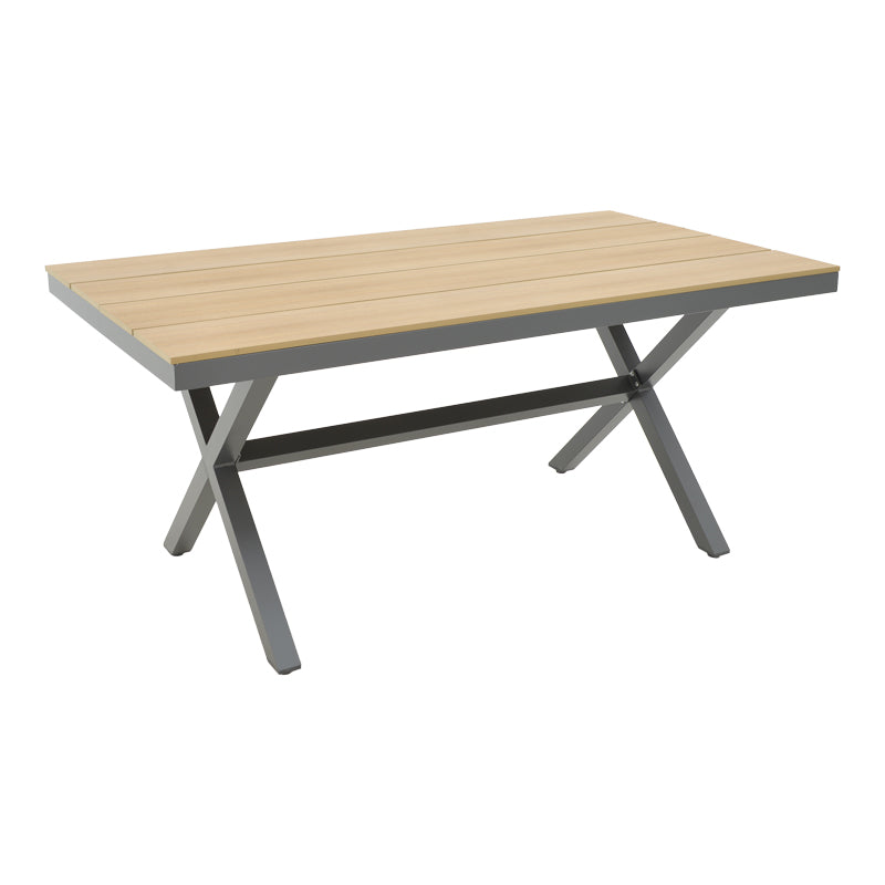 Модерен правоаголен сет за јадење Dawnia со антрацит алуминиумска конструкција и површина од водоотпорно дрво во природна нијанса со четири столови