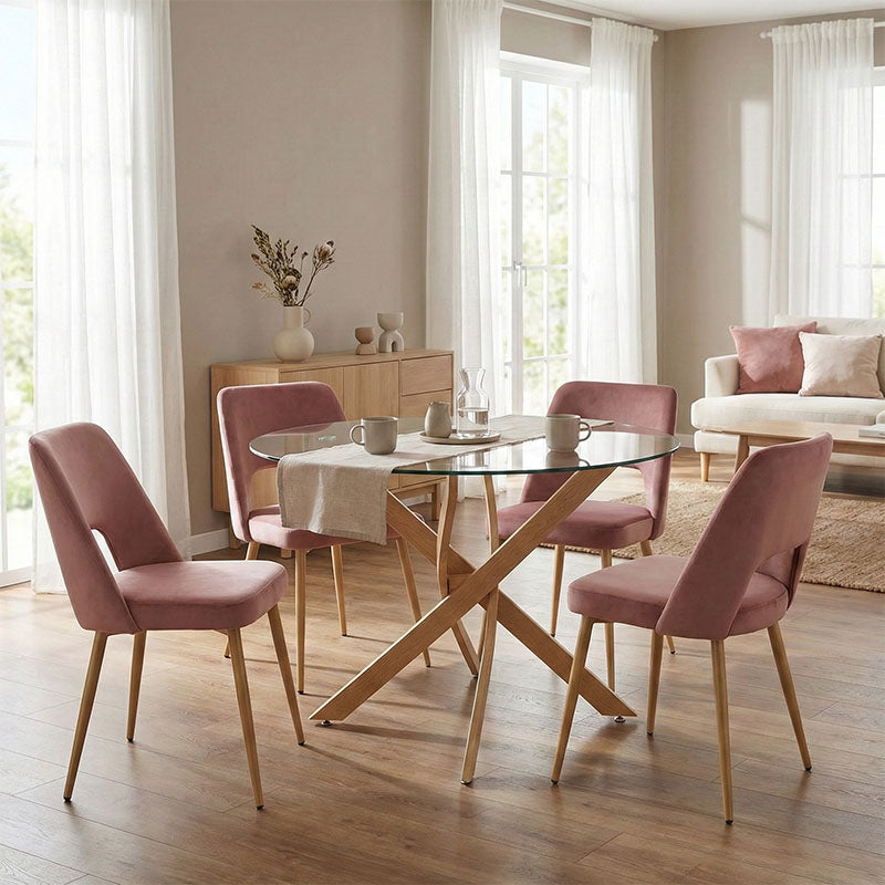 Модерен трпезариски сет Dining Room Set со тркалезна маса од транспарентно калено стакло со метална база и четири ергономски Vectoric лоунџ столови
