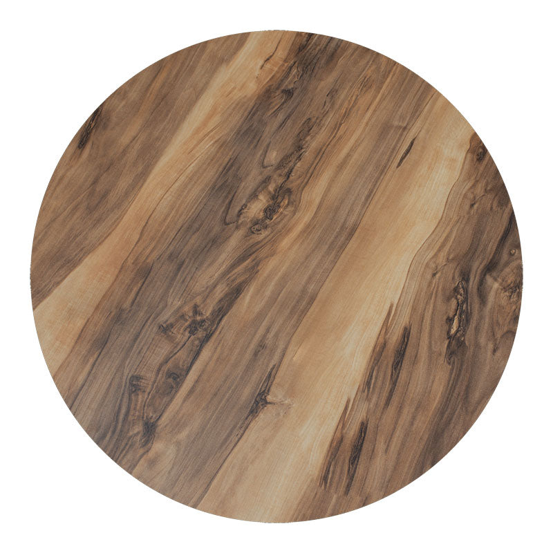 Кружна HPL плоча за маса Zolviquex со дијаметар Ф69cm и дебелина од 12mm во луксузен темен дезен на орев со природни нијанси за модерни угостителски маси