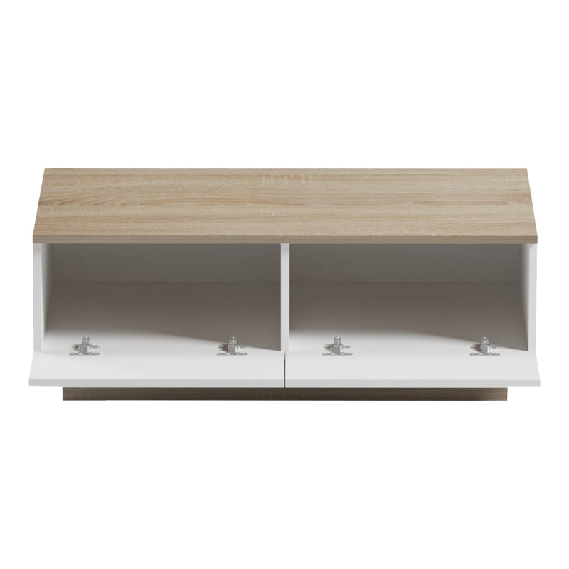 Модерна ниска клуб маса за кафе Coffee Table Weimaric со правоаголна плоча во текстура на сонома даб и засилена геометриска основа во мат бела боја