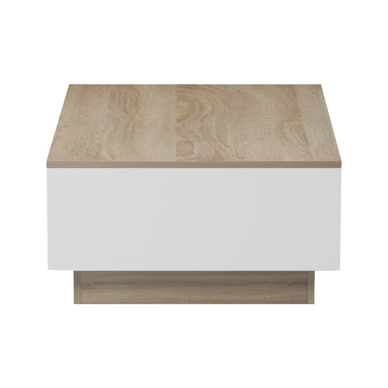 Модерна ниска клуб маса за кафе Coffee Table Weimaric со правоаголна плоча во текстура на сонома даб и засилена геометриска основа во мат бела боја