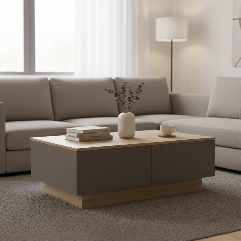 Модерна ниска клуб маса за кафе Coffee Table Weimar со правоаголна плоча во текстура на сонома даб и засилена геометриска основа во мат антрацит сива боја
