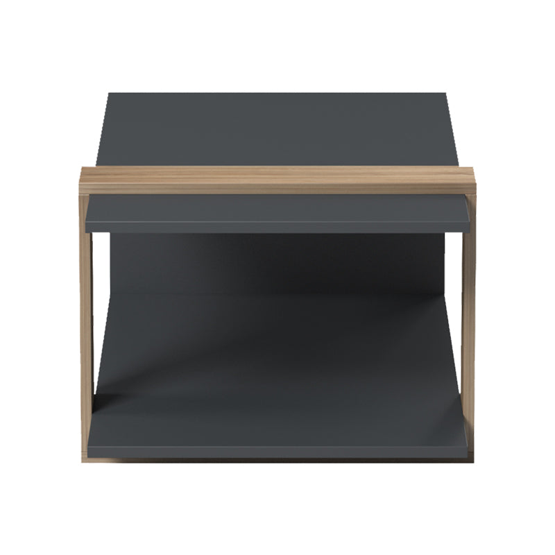 Модерна ниска клуб масичка Coffee Table Vanic со правоаголна површина во сонома декор со видливи дрвени шари врз стабилна геометриска база во мат антрацит сина боја