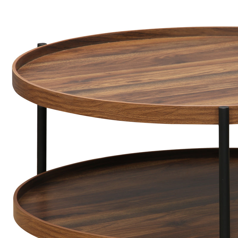 Модерна, естетска и уникатна тркалезна клуб масичка Coffee table Illic со широка горна плоча во длабока орев нијанса и симетрична црна метална структура