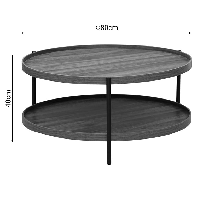 Модерна, естетска и уникатна тркалезна клуб масичка Coffee table Illic со широка горна плоча во длабока орев нијанса и симетрична црна метална структура