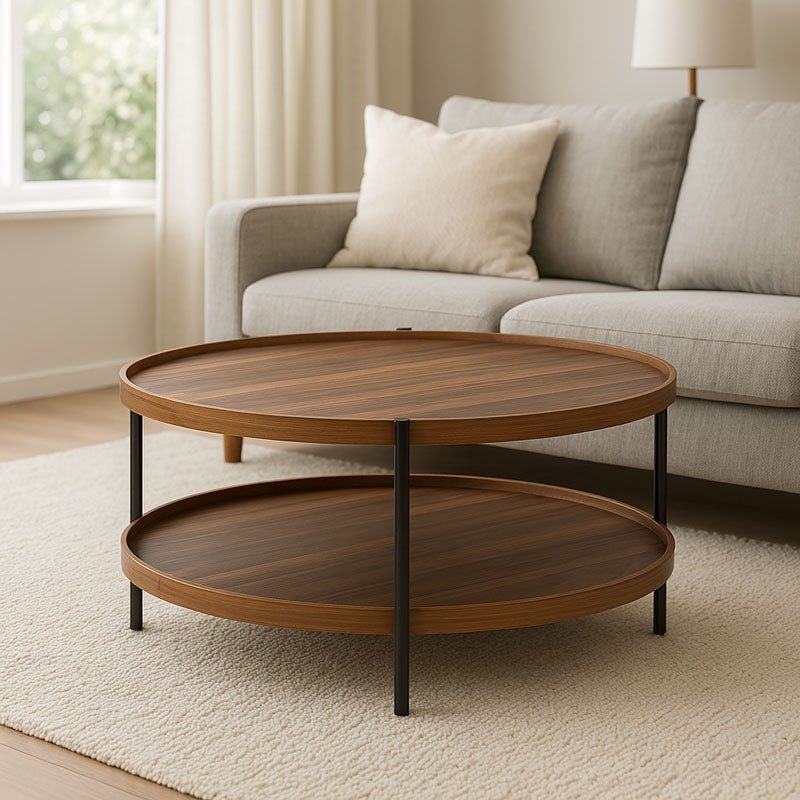 Модерна, естетска и уникатна тркалезна клуб масичка Coffee table Illic со широка горна плоча во длабока орев нијанса и симетрична црна метална структура