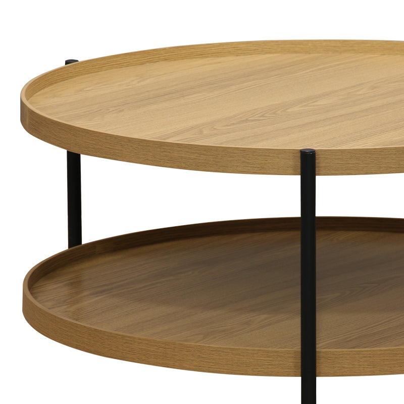Модерна, естетска и уникатна тркалезна клуб масичка Coffee table Halsaic со широка горна плоча во природна боја на дрво и геометриска црна метална структура