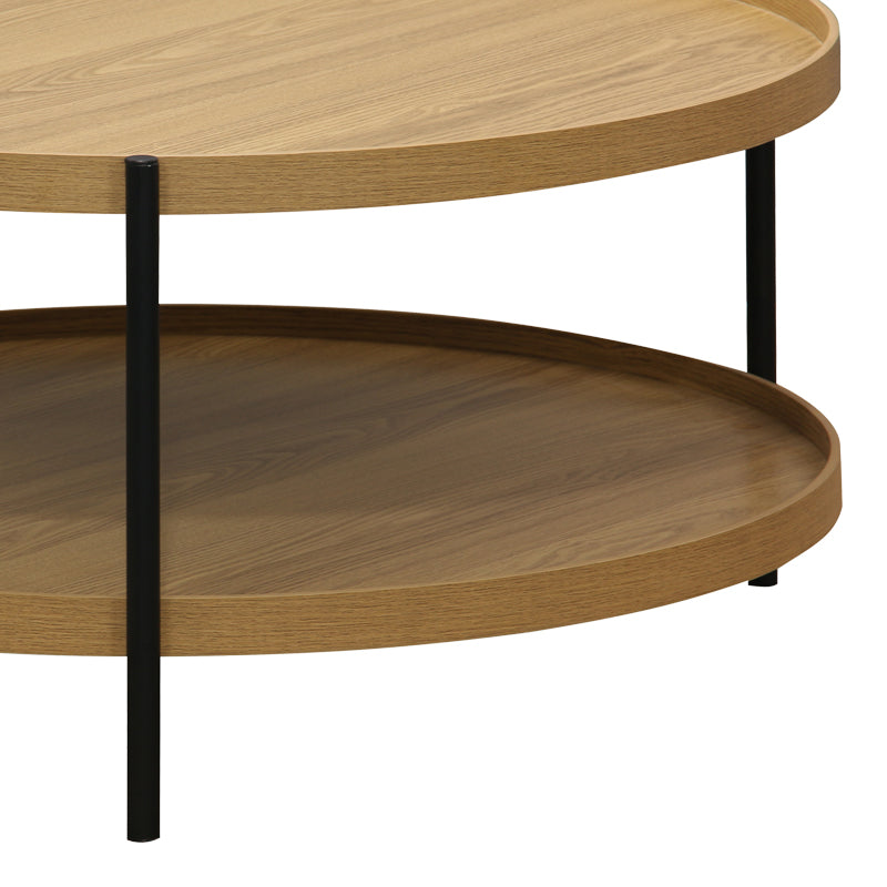 Модерна, естетска и уникатна тркалезна клуб масичка Coffee table Halsaic со широка горна плоча во природна боја на дрво и геометриска црна метална структура