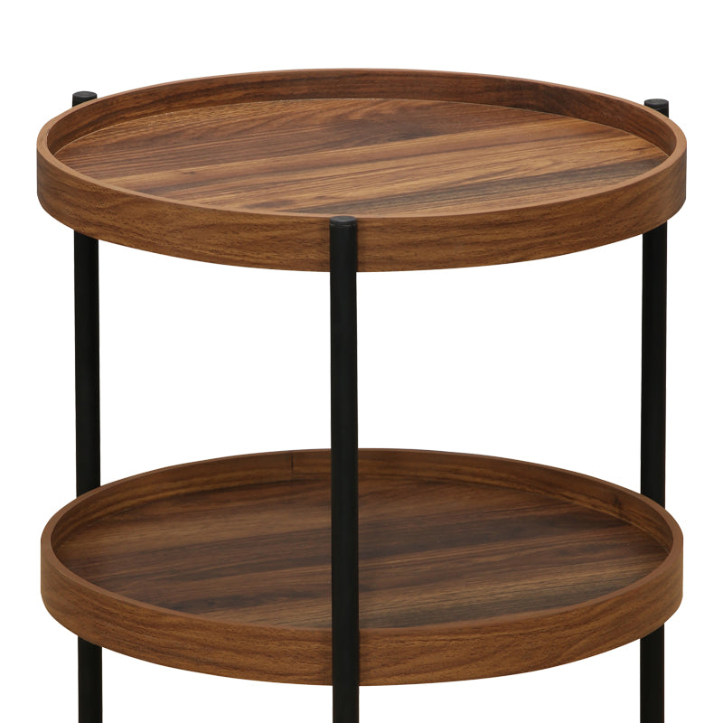 Модерна, естетска и уникатна тркалезна помошна масичка Side table Icoic со горна плоча во богата орев нијанса на дрво и минималистичка црна метална структура