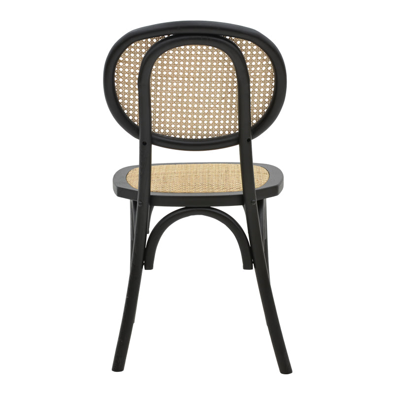 Модерно, естетско и уникатно дрвено столче Chair Innsbruckic со мат црна букова рамка и контрастен наслон од плетен природен ратан