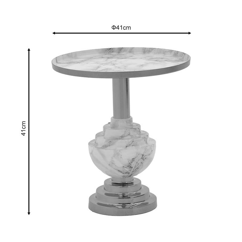 Модерна, естетска и уникатна тркалезна помошна масичка Side table Halex со луксузна горна плоча од природен мермер и префинета сиво-златна метална структура