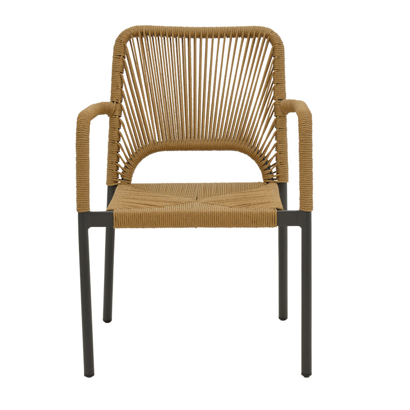 Модерна, естетска и уникатна редечка градинарска фотелја-стол Aluminum armchair Quebecic со темна антрацит алуминиумска рамка и седиште во нијанса на природен ратан
