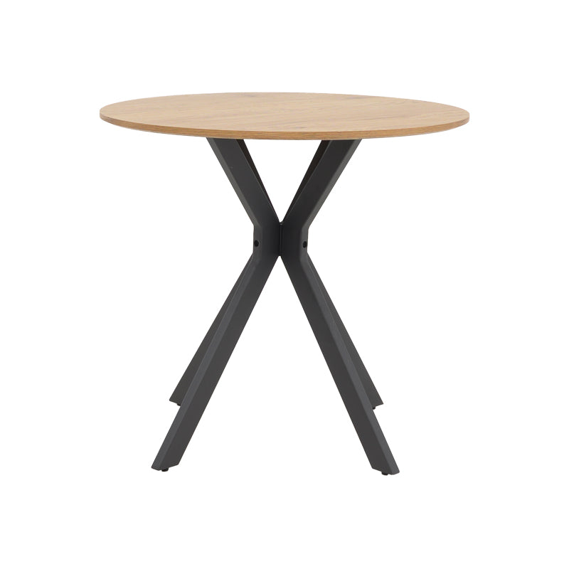 Модерна кружна трпезариска маса Table Xenore со горна површина од природен МДФ со текстура на дрво и цврсти коси црни метални ногарки