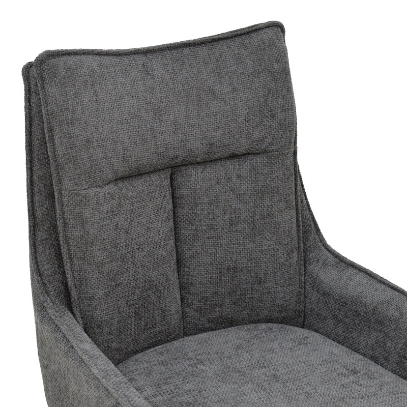 Луксузна и модерна лоунџ фотелја Armchair Xenda со ергономски наслон од темно сиво зајакнато платно и елегантни црни мат метални ногарки