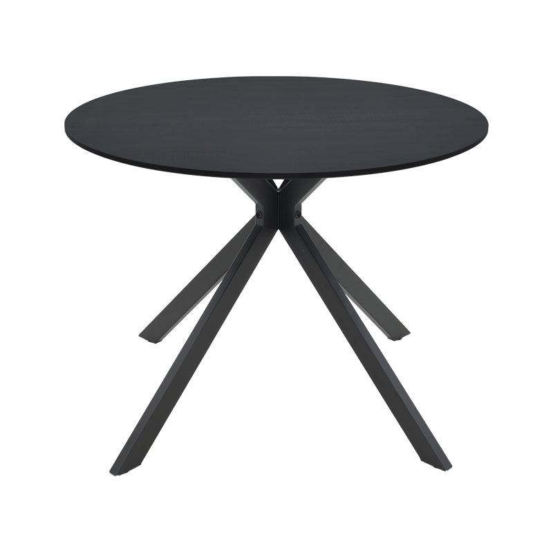Модерна, естетска и уникатна тркалезна маса Table Rank со мат црна горна површина од зајакнат МДФ и конусни црни метални ногарки