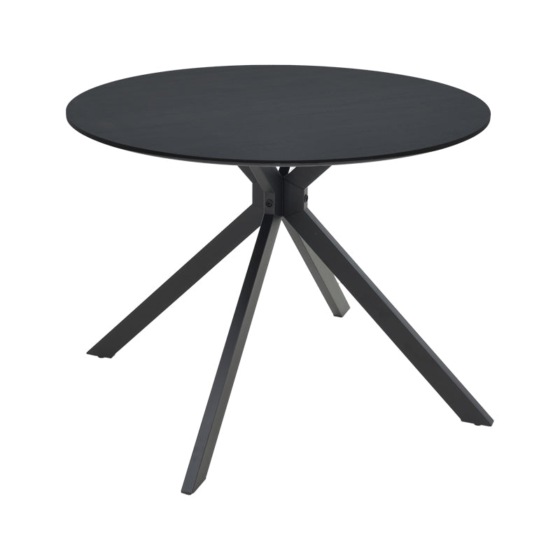 Модерна, естетска и уникатна тркалезна маса Table Rank со мат црна горна површина од зајакнат МДФ и конусни црни метални ногарки