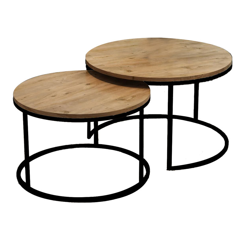Модерен, естетски и уникатен сет од две клуб масички Coffee tables Laras со горна плоча во природен топол дрвен декор и геометриски црни метални ногарки