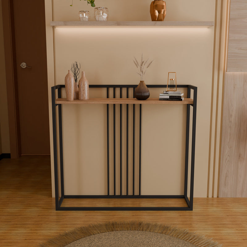Модерна индустриска конзолна маса Console Table Wardic со горна плоча во текстура на природен даб и витка, цврста метална рамка во мат црна боја