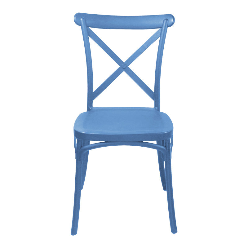 Модерна минималистичка трпезариска столица Chair Xenum на редење, изработена од цврст полипропилен во сина нијанса со ергономски наслон и моноблок структура