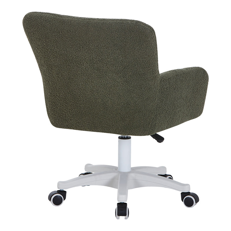 Модерна работна канцелариска столица Office Chair Vedaos тапацирана со луксузно маслинесто зелено букле со мека текстура, со засилена хромирана/црна база со тркалца