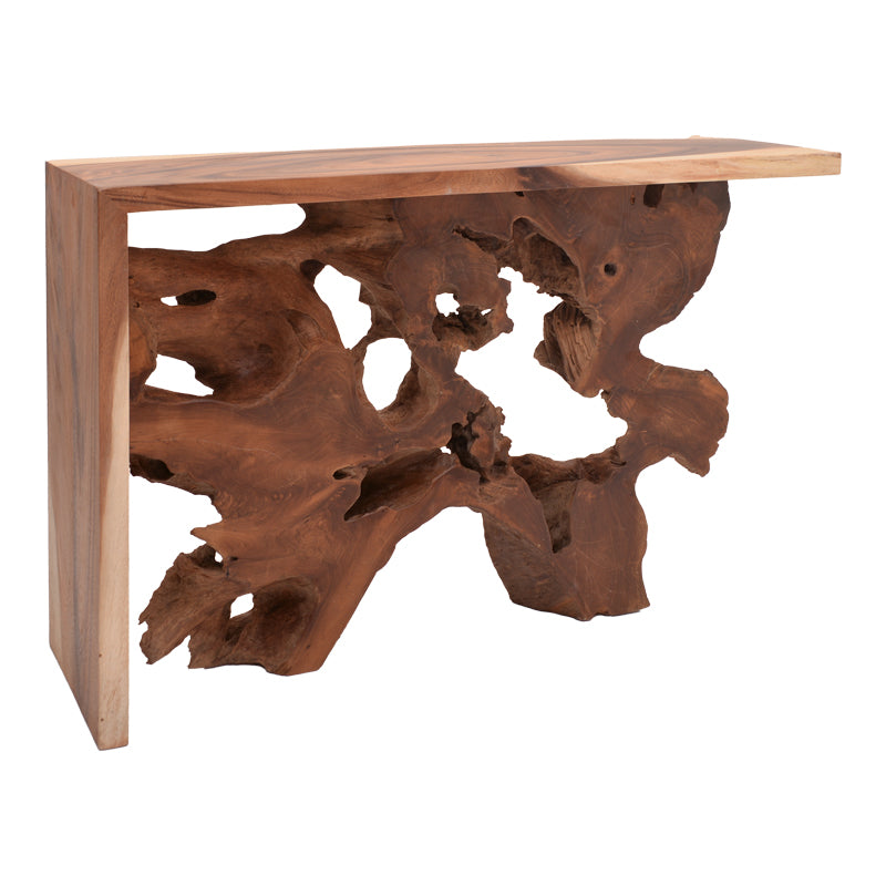 Модерна рустична конзолна маса Console Table Walic изработена од вистинско масивно тиково дрво во природна натур боја, со карактеристична органска текстура на годовите