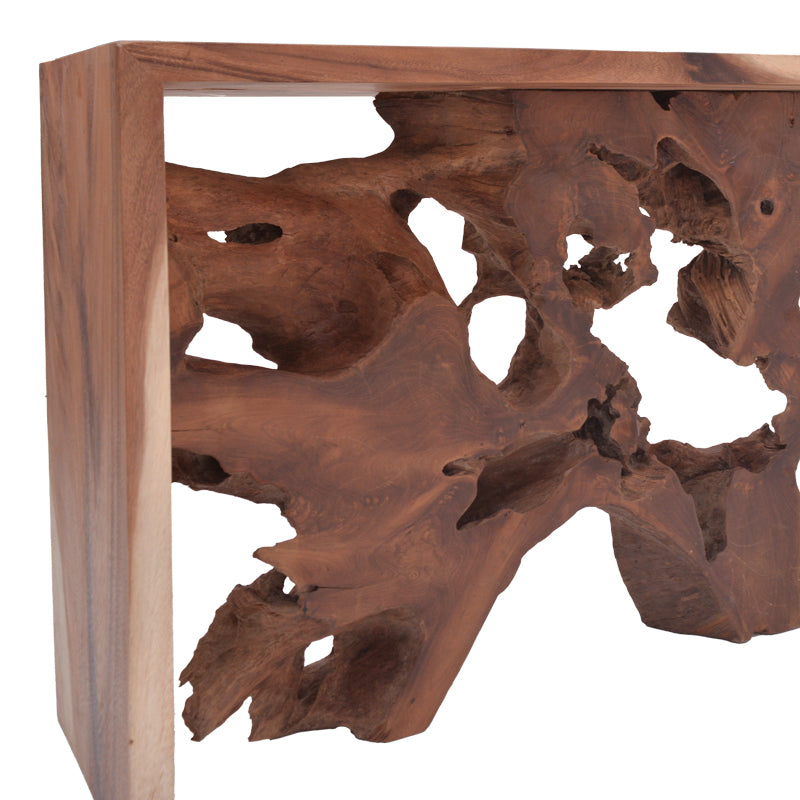 Модерна рустична конзолна маса Console Table Walic изработена од вистинско масивно тиково дрво во природна натур боја, со карактеристична органска текстура на годовите