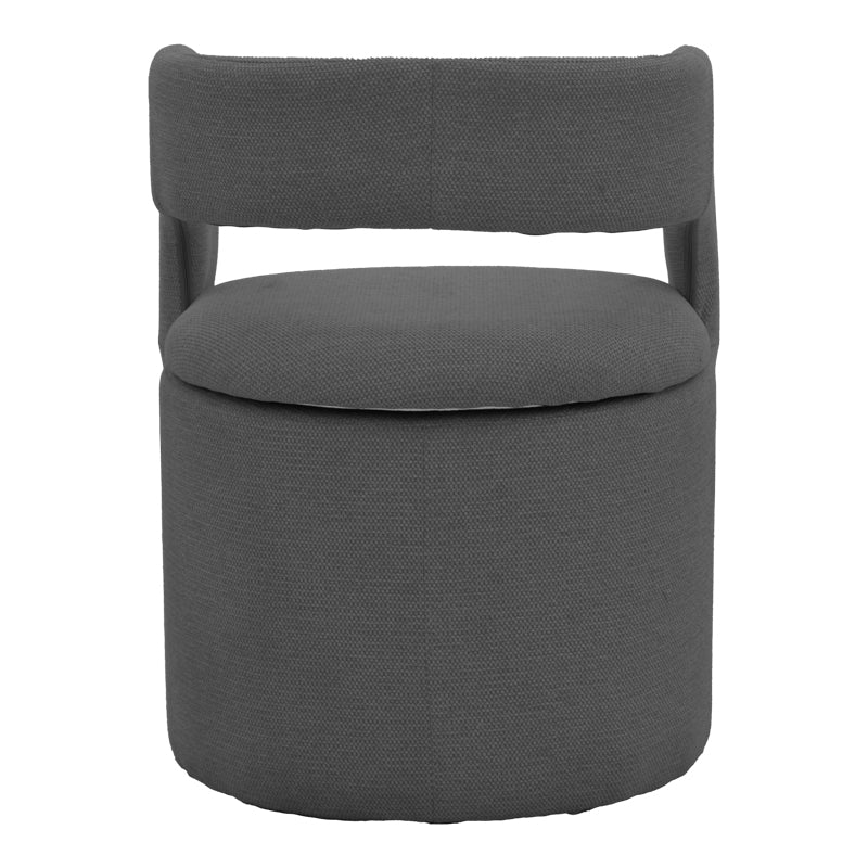 Модерна лоунџ трпезариска фотелја Armchair Umbax со паметна ергономска форма, наслони за раце и мека мат антрацит сива ткаенина врз стабилна темна база