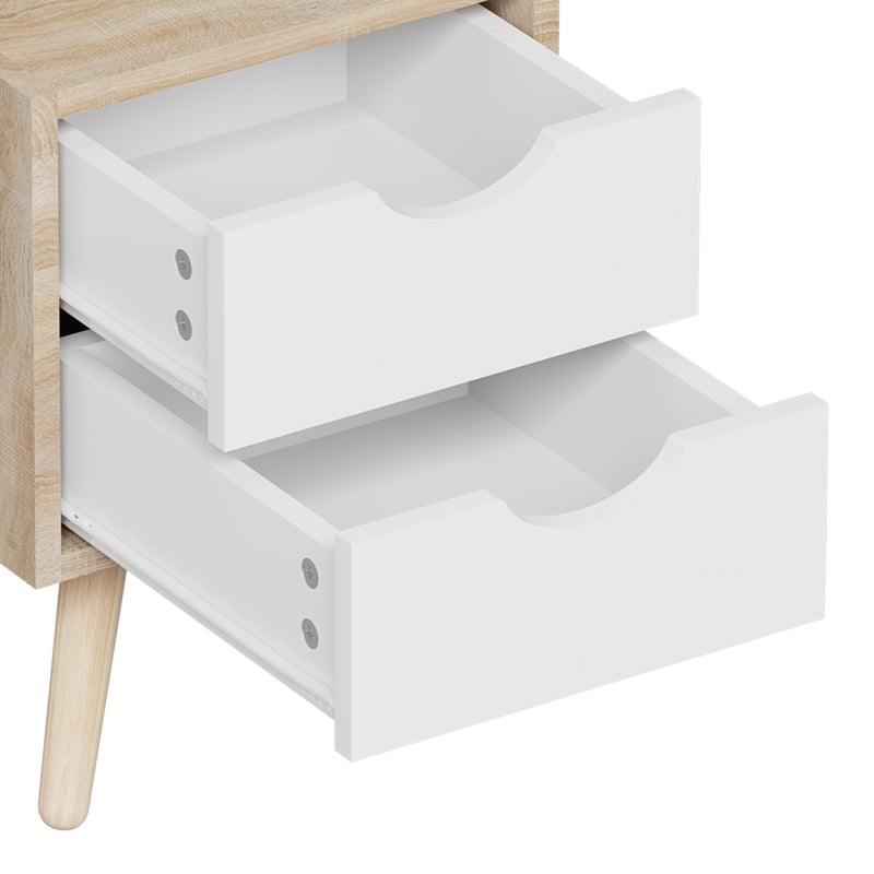 Компактна и модерна правоаголна ноќна масичка Bedside table Xenit со сонома површина и минималистички бели полици за спална соба