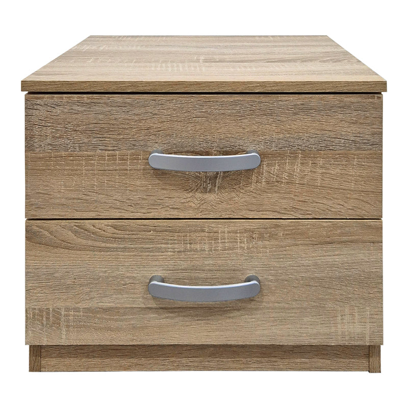 Модерна компактна ноќна масичка Bedside Table Vedaia во природен светл сонома декор, со паметна функционална фиока за складирање и отворена лоунџ полица