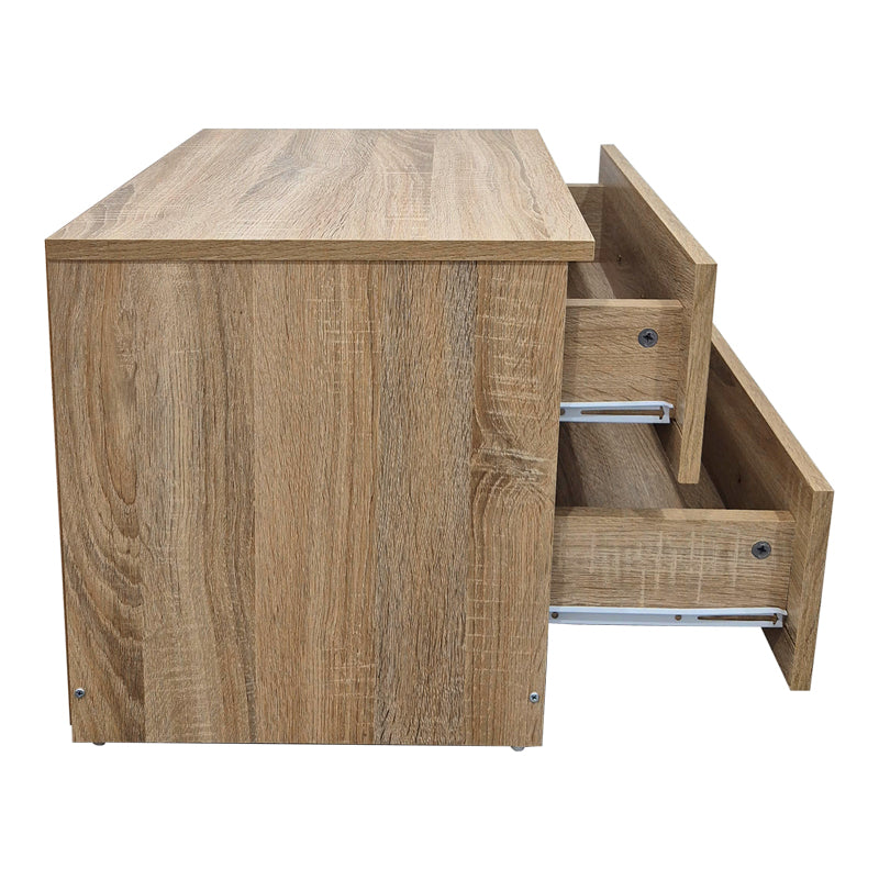 Модерна компактна ноќна масичка Bedside Table Vedaia во природен светл сонома декор, со паметна функционална фиока за складирање и отворена лоунџ полица