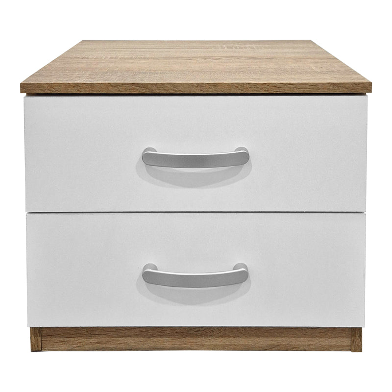 Модерна компактна ноќна масичка Bedside Table Vedaet со надворешна рамка во сонома декор, паметна мат бела фиока за складирање и отворена лоунџ полица