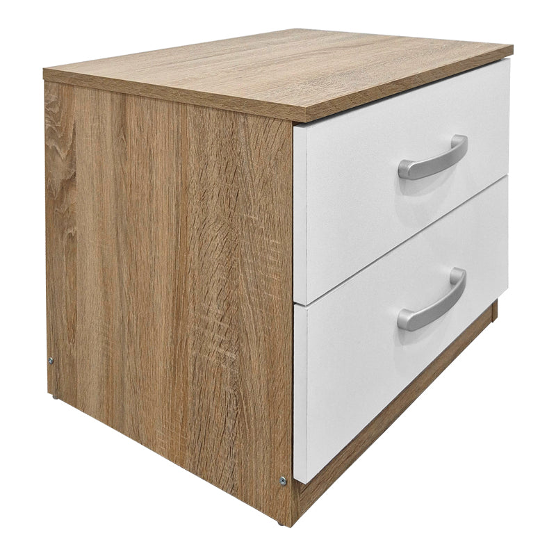 Модерна компактна ноќна масичка Bedside Table Vedaet со надворешна рамка во сонома декор, паметна мат бела фиока за складирање и отворена лоунџ полица